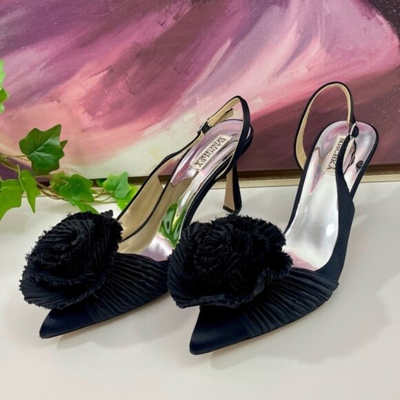 Badgley Mischka Blaire Pleated Satin Slingback Heels with Floral Detail Black 10 - Picture 11 of 11